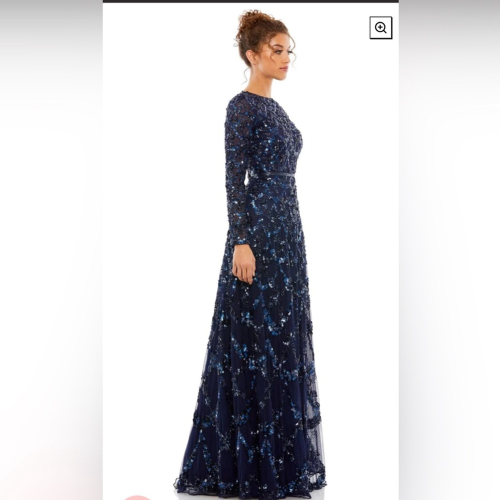 Mac Duggal Lattice sequined illusion neckline long sleeve A-line gown midnight - Picture 2 of 4